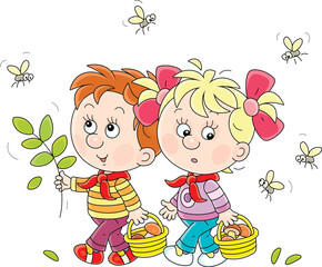 Funny little girl and boy mushroomers walking with small baskets through a forest glade and brushing away angry biting mosquitoes flying around them, vector cartoon illustration on white