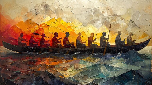 A painting of a team rowing a boat with a clear direction, symbolizing unified goals.
