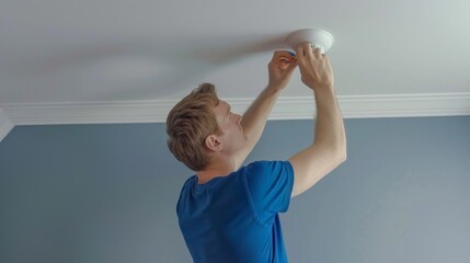 The man installing smoke detector.
