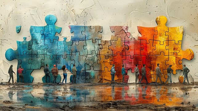 A drawing of a team working together on a large jigsaw puzzle, symbolizing solving business challenges.