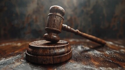 Realistic Wooden Gavel on Dark Marble Background Symbolizing Law and Authority, Generative AI