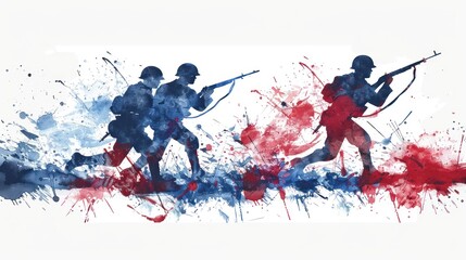 Artistic Illustration of Soldiers in Combat with Dynamic Red and Blue Ink Splashes, Generative AI
