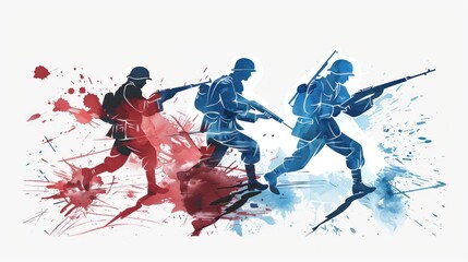 Artistic Illustration of Soldiers in Combat with Dynamic Red and Blue Ink Splashes, Generative AI