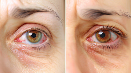 Before and after eye infection treatment. Photos of woman with red and healthy eyes.