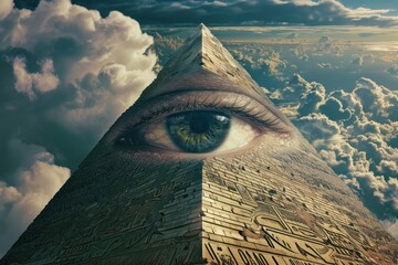 Mystical Pyramid with All-Seeing Eye Symbolism Against a Dramatic Sky, Generative AI