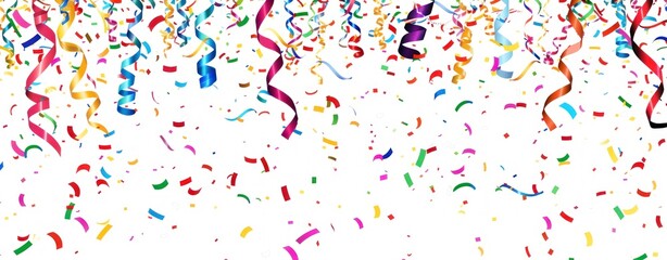 Colorful Confetti and Ribbons Falling on White Background for Festive Celebrations and Events - Generative AI