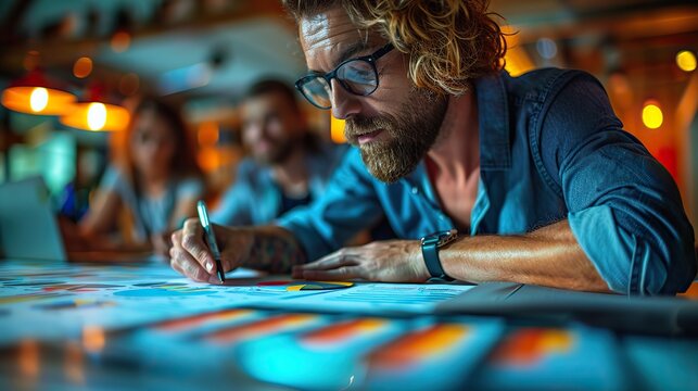 An image of colleagues working on a financial chart, symbolizing collaborative analysis.