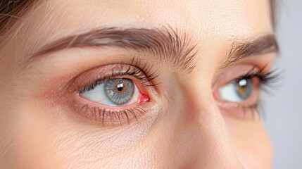 Obraz premium Before and after eye infection treatment. Photos of woman with red and healthy eyes.