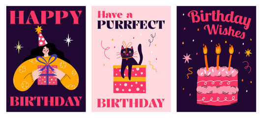 Set of Happy Birthday greeting cards with vector illustration of cake and candles, cat, gift box, present, party hat. Congratulation poster, postcard collection