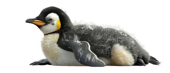 Cute fluffy penguin chick lying down isolated on a white background, showcasing its adorable black and white feathers.