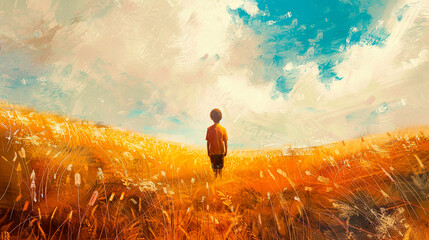 A boy is walking through a field of tall grass