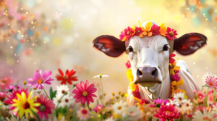 Adorable Cow with Flower Crown in a Field of Colorful Flowers, cow in flowers