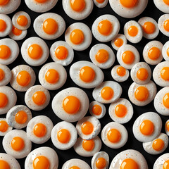Fried eggs on a dark background in a pattern, creating a striking visual contrast.