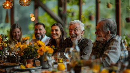 Elderly man laughing with family at a festive dinner table, decorated with yellow flowers and warm lighting