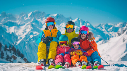 A family of four is sitting on a snowy mountain, wearing ski gear