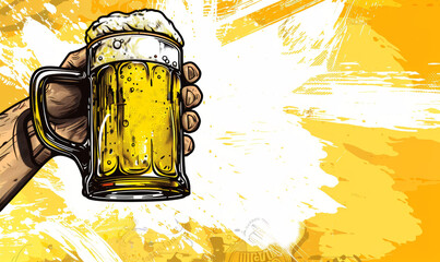 Bold Pop Art Style Illustration of a Hand Holding a Frothy Beer Mug with a Vibrant Yellow Background