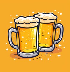 Cheerful Illustration of Two Frothy Beer Mugs with Bubbles on an Orange Background