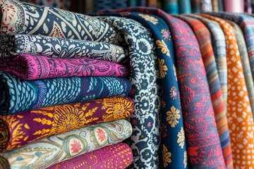 Handcrafted textiles with intricate patterns, celebrating Heritage Craft close up, textile design, whimsical, Overlay, Fabric store backdrop