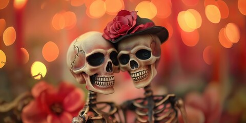 Mr. and Mrs. two skeletons lover together hugging and  kissing with love and affection, bokeh light background, romantic forever love