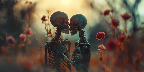 two skeletons lover together hugging and kissing with love and affection, bokeh light background, romantic forever love	
