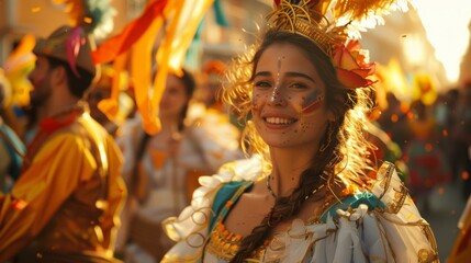 Fototapeta premium Smiling woman in traditional costume enjoying a vibrant Sao Joao festival, surrounded by colorful decorations and lively atmosphere