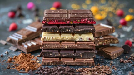 A stack of assorted chocolate bars in various flavors and colors, neatly arranged with pieces of chocolate scattered around