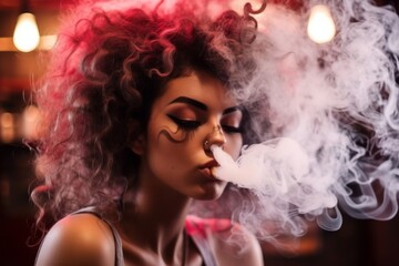 Beautiful woman having fun with smoke Woman inhaling from an electronic cigarette
