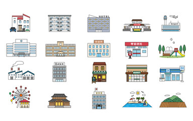シンプル施設や建造物のイラストセット