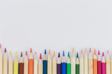 Crayons are arranged perfectly on a clean, white surface. This creates a composition that looks beautiful and orderly.