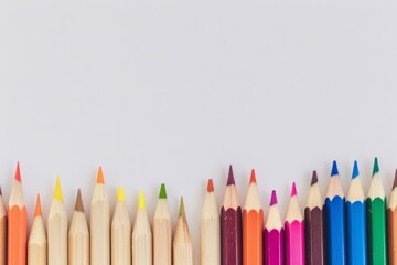 Crayons are arranged perfectly on a clean, white surface. This creates a composition that looks beautiful and orderly.