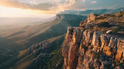 Elevated view of cliffside scenery, capturing the rugged majesty and untamed wilderness of mountain...