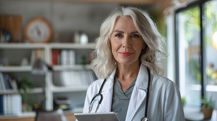 Confident mature female doctor holding a tablet, standing in her office