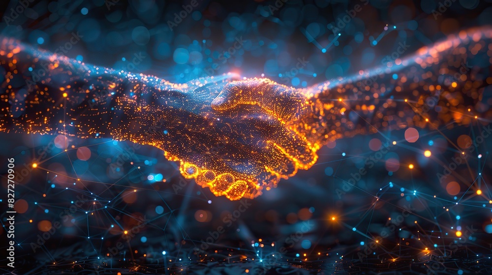 Canvas Prints a conceptual artwork of a handshake with light trails, symbolizing dynamic partnerships.