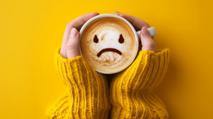 A person holding a sad face coffee cup