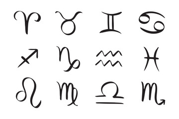 Hand drawn zodiac signs. Doodle Esoteric symbol set. Astrology clipart design Elements 