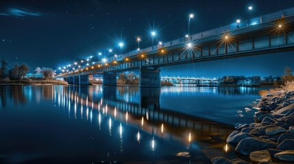 Fototapeta premium Grand river bridge illuminated at night, with lights reflecting on the calm waters and creating a captivating scene