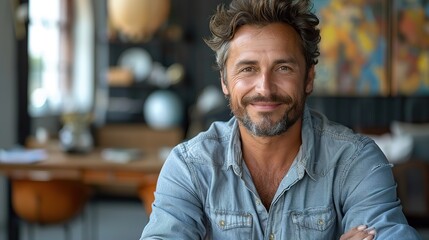 Obraz premium portrait of confident businessman in business casual happy middle aged mid adult mature age man smiling entrepreneur in modern office