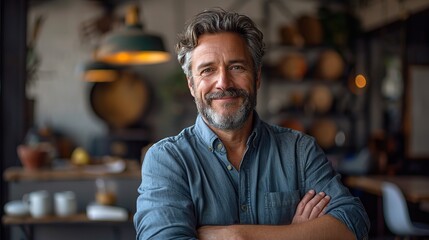 Fototapeta premium portrait of confident businessman in business casual happy middle aged mid adult mature age man smiling entrepreneur in modern office