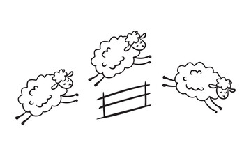 Doodle line cute sheep jumping over fence. Good night sleep poster. Counting sheep to fall asleep. 