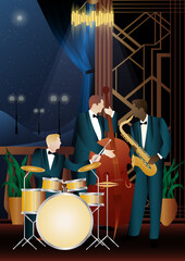 Jazz musicians near the Balcony. Double bass, saxophone, drum. Musicians play musical instruments
