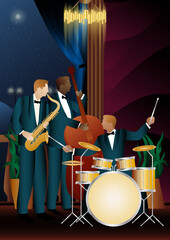 Fototapeta premium Jazz musicians near the Balcony. Double bass, saxophone, drum. Musicians play musical instruments