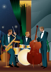 Fototapeta premium Jazz musicians near the Balcony. Double bass, saxophone, drum. Musicians play musical instruments