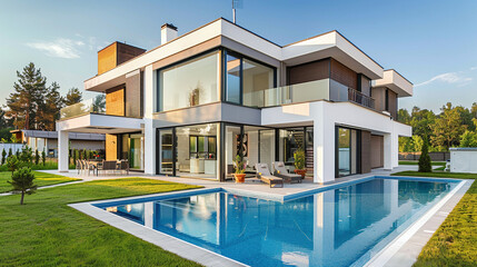 Fototapeta premium Modern luxury house with swimming pool and landscaped plot