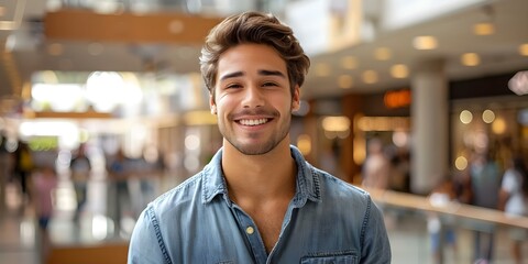 Fototapeta premium Confident Young Man Smiling in a Busy Shopping Center. Concept Street Photography, Lifestyle Portraits, Urban Environment, Natural Expressions, Youthful Confidence