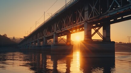 Fototapeta premium Panoramic shot of a large river bridge at sunset, highlighting its structure and the serene water below