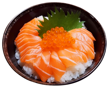 Salmon sashimi and salmon roe with rice bowl or donburi in Japanese style food.