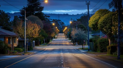 Residential street bathed in the gentle glow of streetlights, creating a welcoming atmosphere for local residents