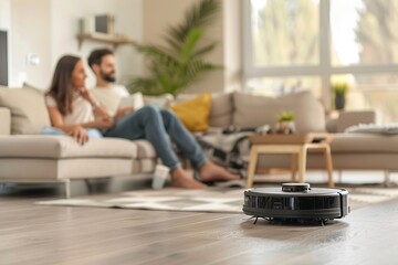 Couple relaxing in modern living room as robot vacuum cleans floor