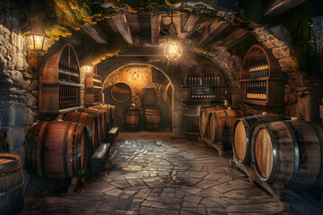 Rustic Wine Cellar with Wooden Barrels, Vintage Casks, and Dimly Lit Warm Atmosphere
