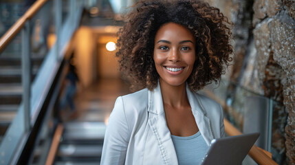 Female professional walking up stairs with a digital tablet, confident smile - Powered by Adobe